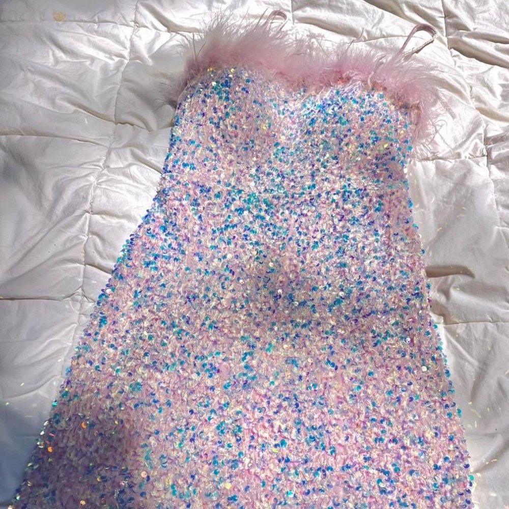 Pink Sequin Strapless Dress with Feather Trim